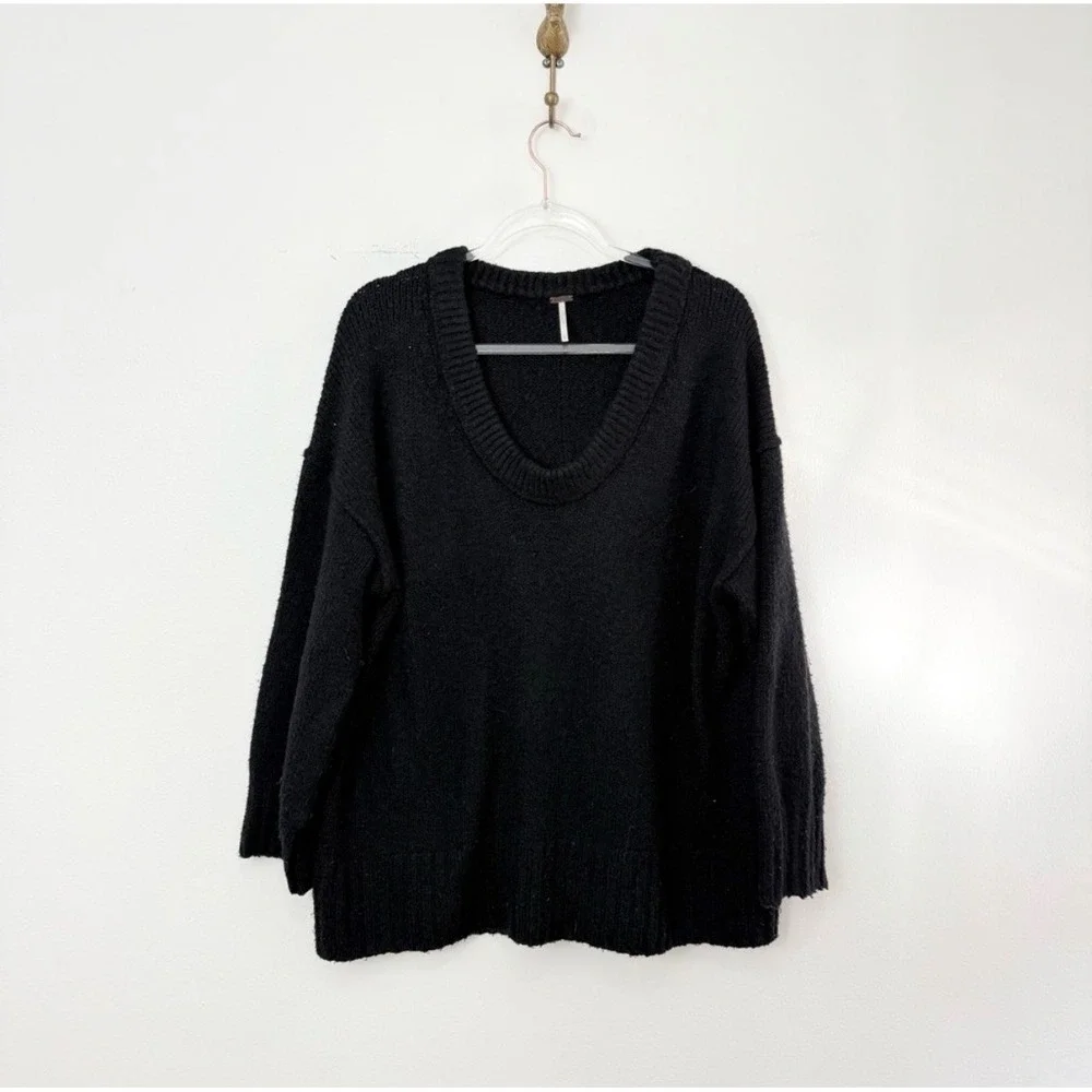 Free People Brookside Slouchy Knit Sweater Black Off Shoulder Oversized XS